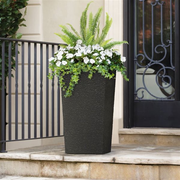 Tierra Verde Citadel Stucco 13 x 26-in Large Recycled Self-Watering Indoor/Outdoor Column Planter - Black