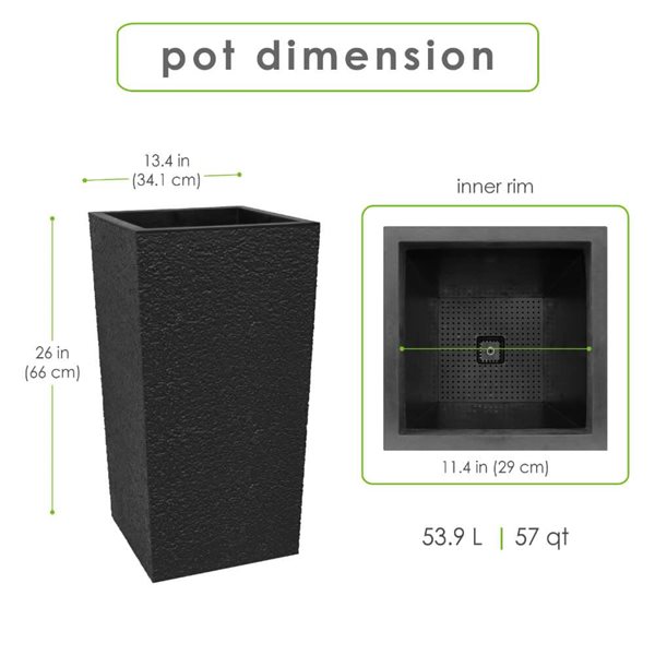 Tierra Verde Citadel Stucco 13 x 26-in Large Recycled Self-Watering Indoor/Outdoor Column Planter - Black