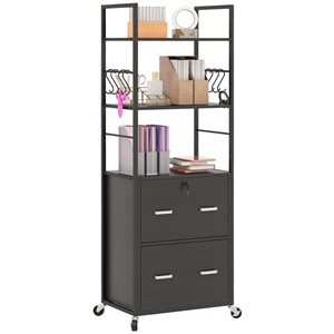 Vinsetto 23.6 x 67.7-in 2-Drawer Black Composite Wood Lockable Filing Cabinet w/ 3 Open Shelves and Hooks