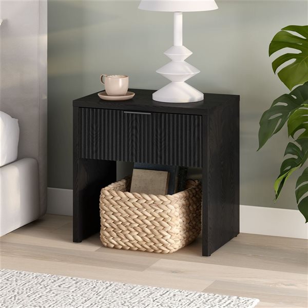Hailey Home Kenslow 24-in W Black Grain MDF 1-Fluted Drawer Rectangular Nightstand