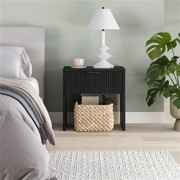 Hailey Home Kenslow 24-in W Black Grain MDF 1-Fluted Drawer Rectangular Nightstand