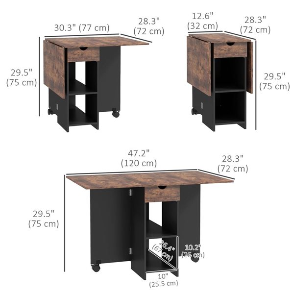 HOMCOM Rustic Brown Rectangular 30 H x 47 L x 28-in W Extending Foldable Drop Leaf Dining Table w/ Storage