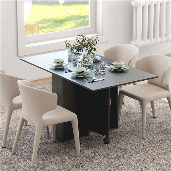 HOMCOM Black Rectangular 29 H x 55 L x 32-in W Extending Foldable Drop Leaf Dining Table w/ Storage Shelves and Wheels