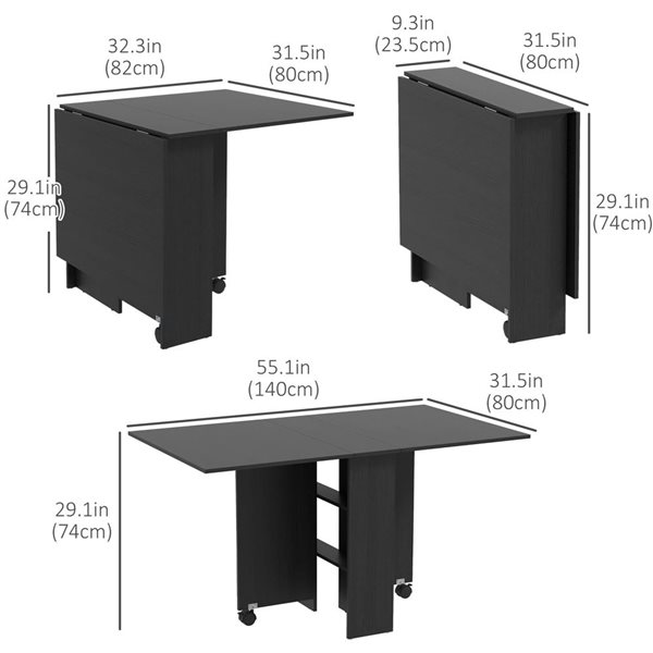 HOMCOM Black Rectangular 29 H x 55 L x 32-in W Extending Foldable Drop Leaf Dining Table w/ Storage Shelves and Wheels