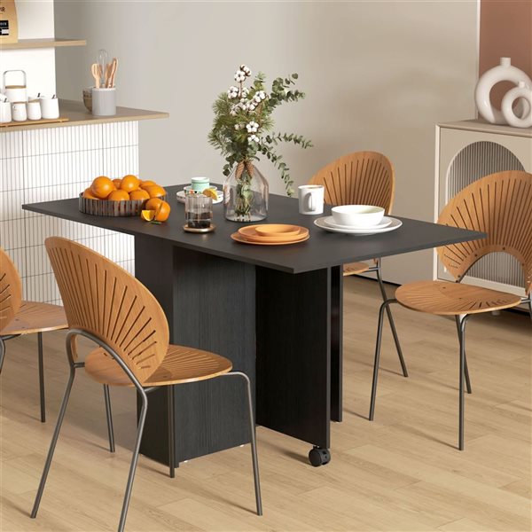 HOMCOM Black Rectangular 29 H x 55 L x 32-in W Extending Foldable Drop Leaf Dining Table w/ Storage Shelves and Wheels