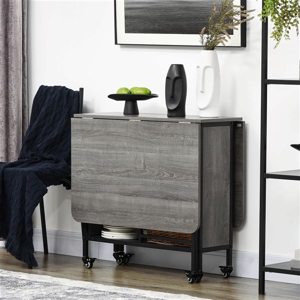 HOMCOM Grey Rectangular 29 H x 51 L x 32-in W Extending Mobile Foldable Drop Leaf Dining Table w/ Storage Shelf