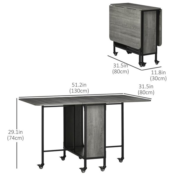 HOMCOM Grey Rectangular 29 H x 51 L x 32-in W Extending Mobile Foldable Drop Leaf Dining Table w/ Storage Shelf