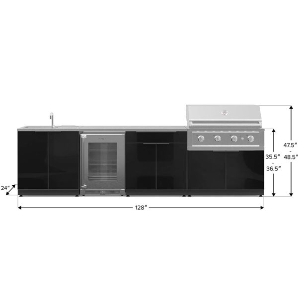 NewAge Products 6-Piece 128 x 24 x 48.5-in Black Modular Outdoor Kitchen Set with 4-Burner Gas Grill