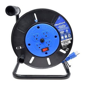 Rallonge électrique à quatre prises FlexiCord SJTW 14/3 avec DDFT 3 pi pour l'intérieur bobine plastique, bleue
