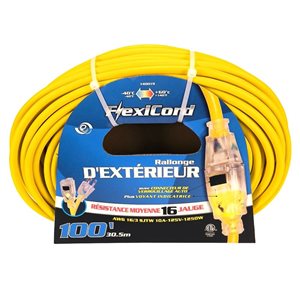 Rallonge électrique à prise unique FlexiCord SJTW 16/3 éclairée 100 pi pour l'extérieur, jaune