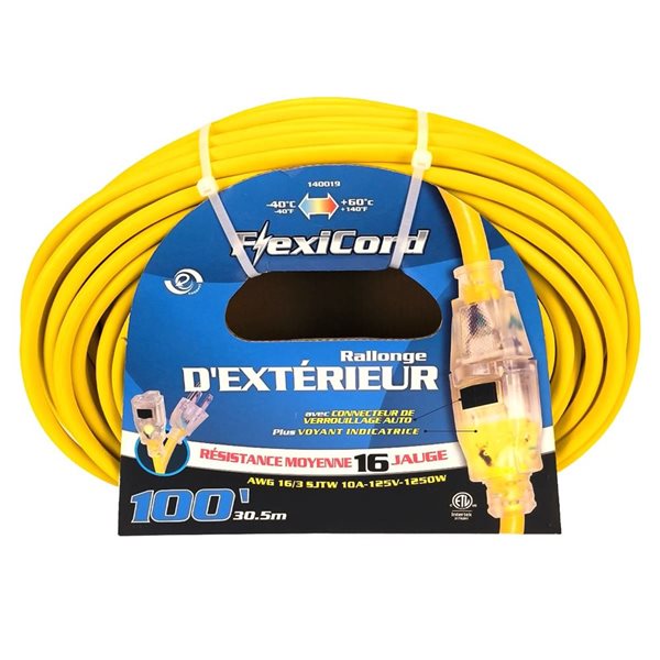 FlexiCord 100-ft Outdoor SJTW 16/3 Lighted Single Tap Extension Cord - Yellow