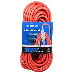Rallonge électrique à prise unique FlexiCord SJTW 12/3 éclairée 100 pi pour l'extérieur, jaune