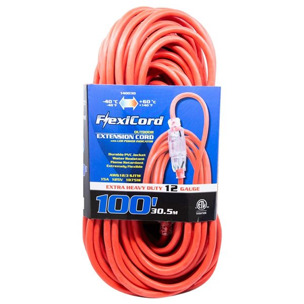 FlexiCord 100-ft Outdoor SJTW 12/3 Lighted Single Tap Extension Cord - Yellow