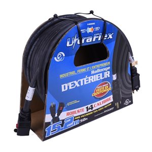 Rallonge électrique à prise unique FlexiCord SEOOW 14/3 50 pi pour l'extérieur, caoutchouc noir