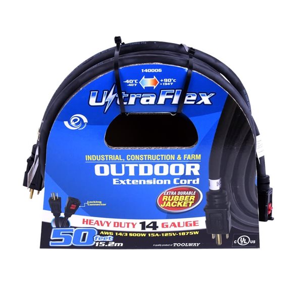 FlexiCord 50-ft Outdoor SEOOW 14/3 Single Tap Extension Cord - Black Rubber