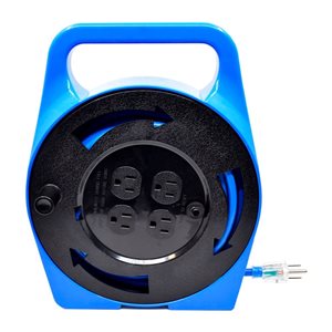 Rallonge électrique à quatre prises FlexiCord SJT 16/3 avec DDFT 25 pi pour l'intérieur bobine plastique, bleue