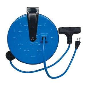 Rallonge électrique à trois prises FlexiCord SJTW 16/3 avec DDFT 30 pi pour l'intérieur bobine en métal, bleue