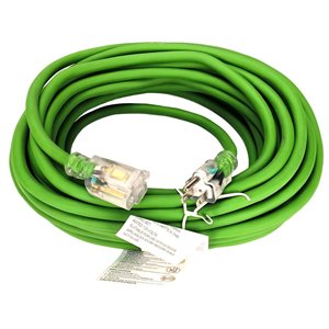 Rallonge électrique à prise unique FlexiCord SJEOW 12/3 éclairée 50 pi pour l'extérieur, verte