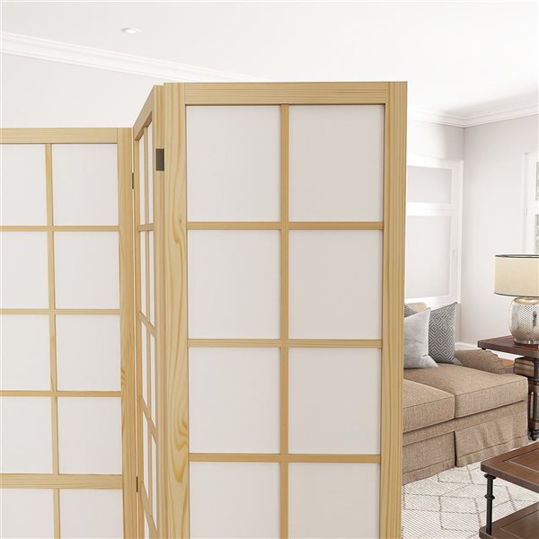 HOMCOM 63 W x 67-in H 4-Panel Natural Wood/White Fabric Folding Checkered Privacy Screen