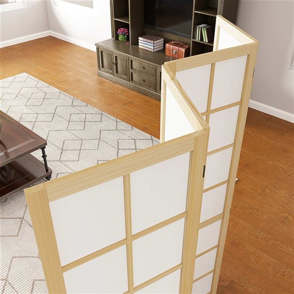 HOMCOM 63 W x 67-in H 4-Panel Natural Wood/White Fabric Folding Checkered Privacy Screen