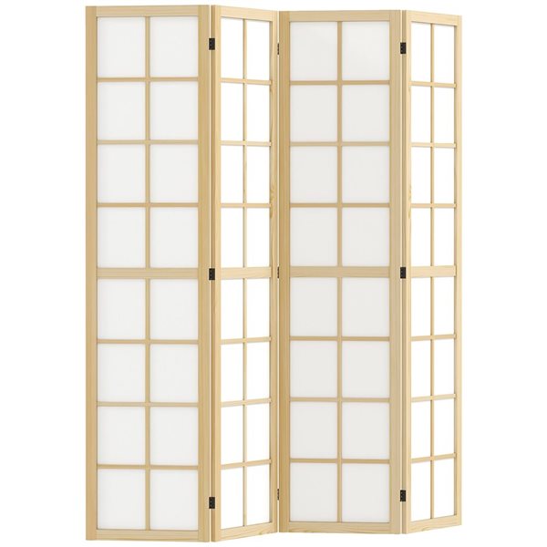 HOMCOM 63 W x 67-in H 4-Panel Natural Wood/White Fabric Folding Checkered Privacy Screen