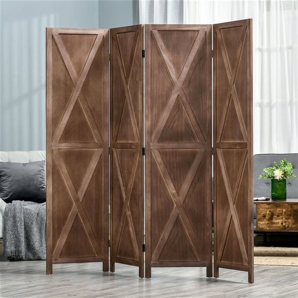 HOMCOM 5.6-ft H 4-Panel Walnut Wood Farmhouse Style Folding Privacy Screen