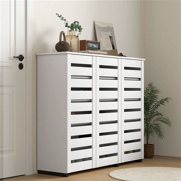 HOMCOM 20-Pair White 10-Tier Narrow Shoe Cabinet w/ 3 Slatted Doors
