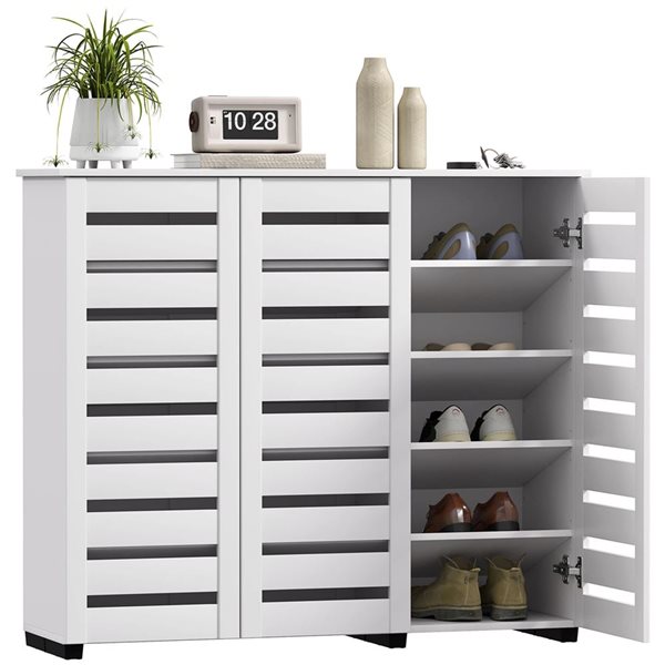 HOMCOM 20-Pair White 10-Tier Narrow Shoe Cabinet w/ 3 Slatted Doors