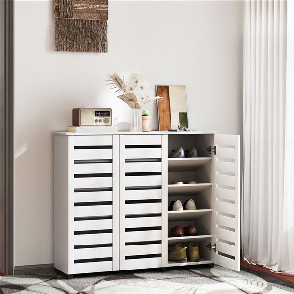 HOMCOM 20-Pair White 10-Tier Narrow Shoe Cabinet w/ 3 Slatted Doors