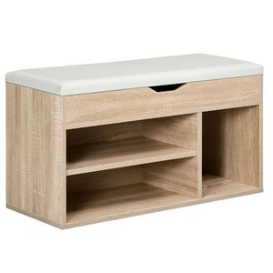 HOMCOM 7-Pair Natural 2-Tier Shoe Bench Organizer w/ Padded Cushion