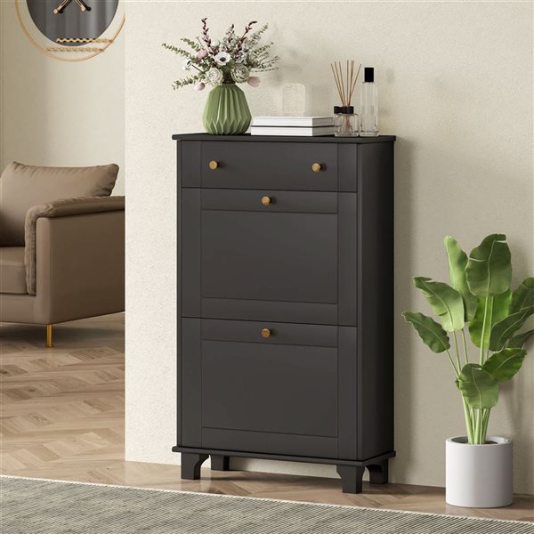 HOMCOM 8-Pair Black 4-Tier Narrow Shoe Cabinet w/ 2 Flip Drawers