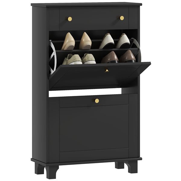 HOMCOM 8-Pair Black 4-Tier Narrow Shoe Cabinet w/ 2 Flip Drawers