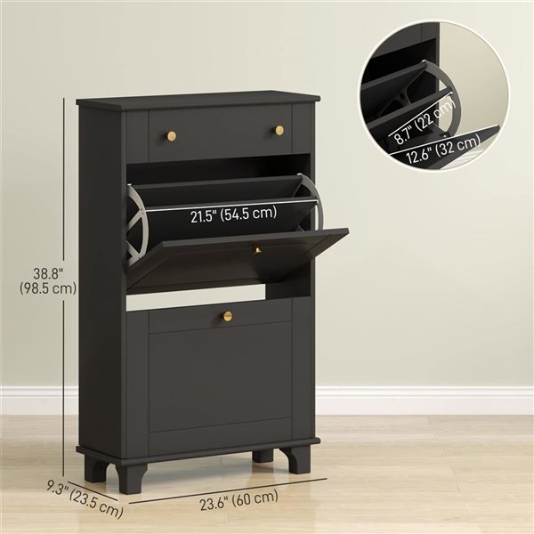 HOMCOM 8-Pair Black 4-Tier Narrow Shoe Cabinet w/ 2 Flip Drawers