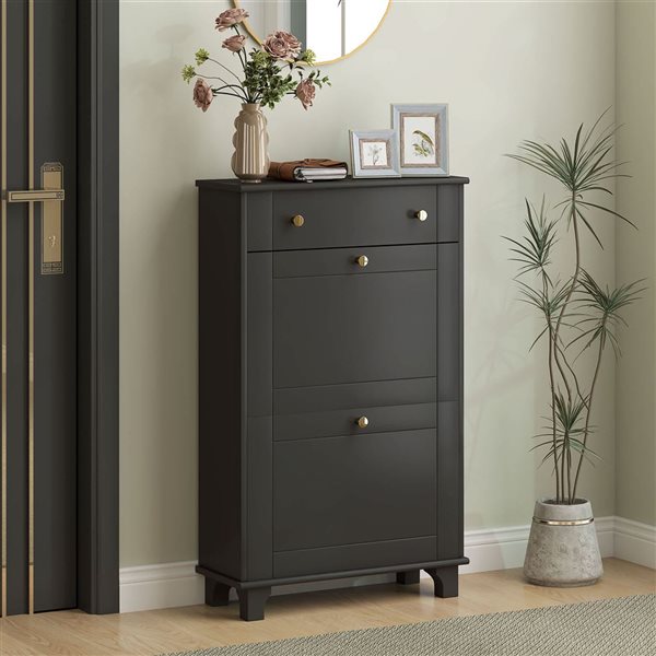 HOMCOM 8-Pair Black 4-Tier Narrow Shoe Cabinet w/ 2 Flip Drawers