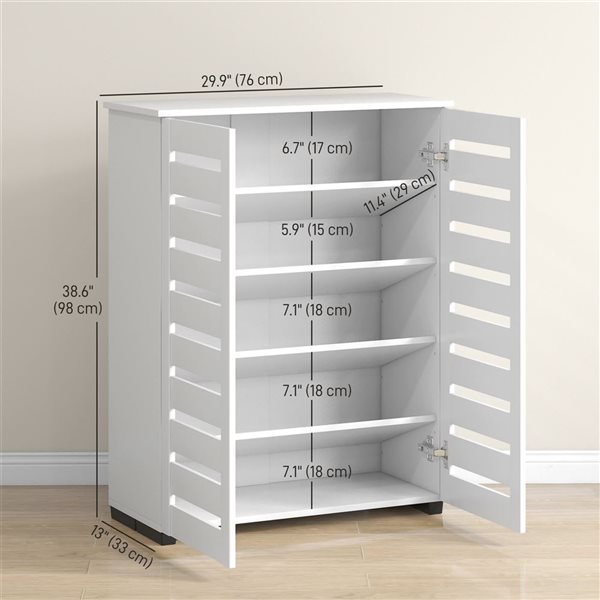 HOMCOM 14-Pair White 5-Tier Slim Shoe Cabinet w/ 2 Slatted Doors
