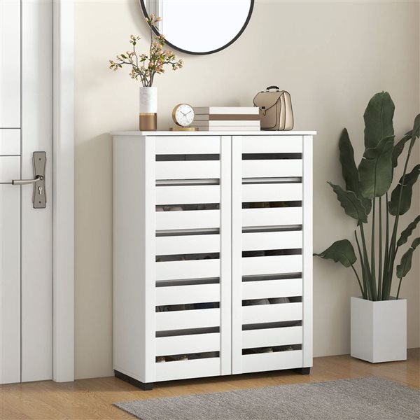 HOMCOM 14-Pair White 5-Tier Slim Shoe Cabinet w/ 2 Slatted Doors