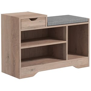 HOMCOM 5-Pair Grey 2-Tier Upholstered Shoe Bench Organizer w/ Drawer and Open Shelf