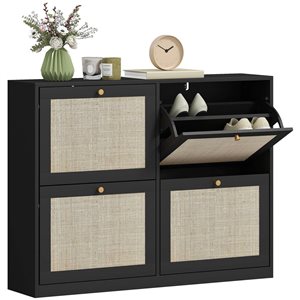 HOMCOM 20-Pair Black and Natural 8-Tier Narrow Shoe Cabinet w/ 4 Flip Drawers