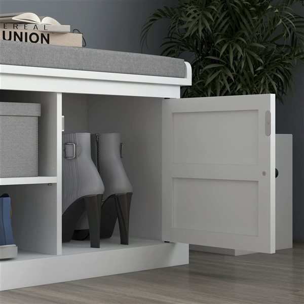 HOMCOM 4-Pair White and Grey 2-Tier Shoe Bench Organizer w/ Cushion and 2 Cabinets