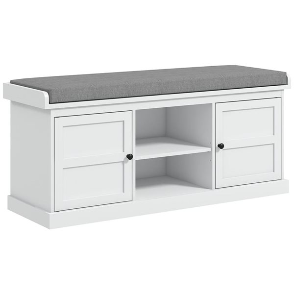 HOMCOM 4-Pair White and Grey 2-Tier Shoe Bench Organizer w/ Cushion and 2 Cabinets
