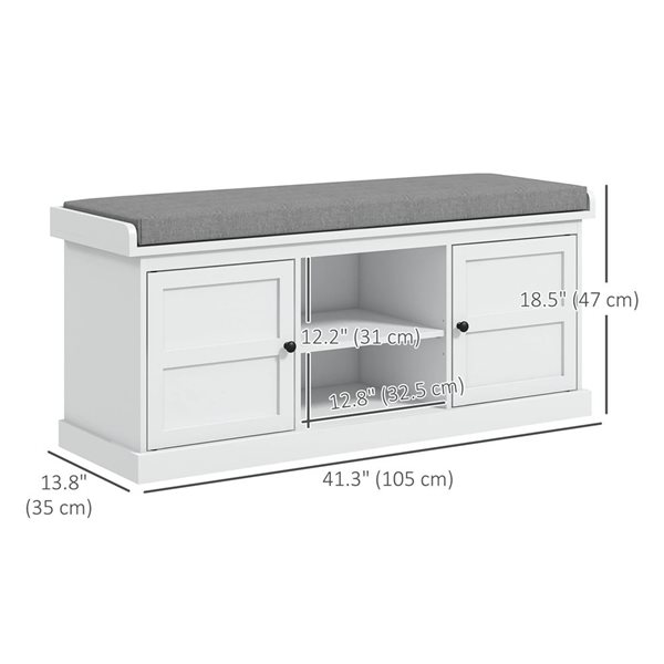 HOMCOM 4-Pair White and Grey 2-Tier Shoe Bench Organizer w/ Cushion and 2 Cabinets
