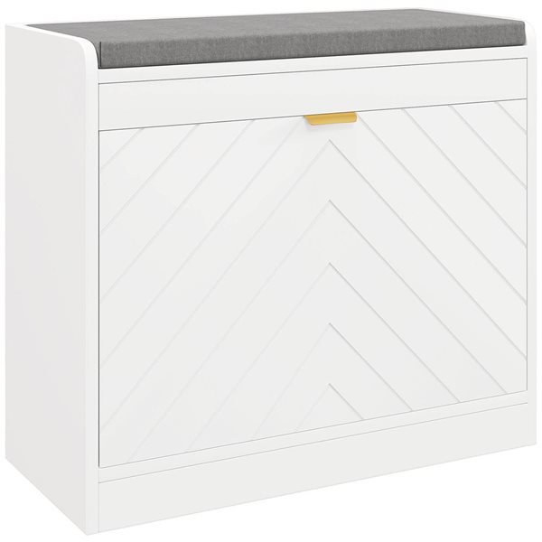 HOMCOM 5-Pair White 2-Tier Shoe Bench Organizer w/ Flip Drawer and Cushion