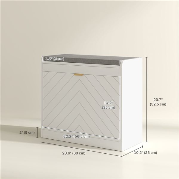 HOMCOM 5-Pair White 2-Tier Shoe Bench Organizer w/ Flip Drawer and Cushion