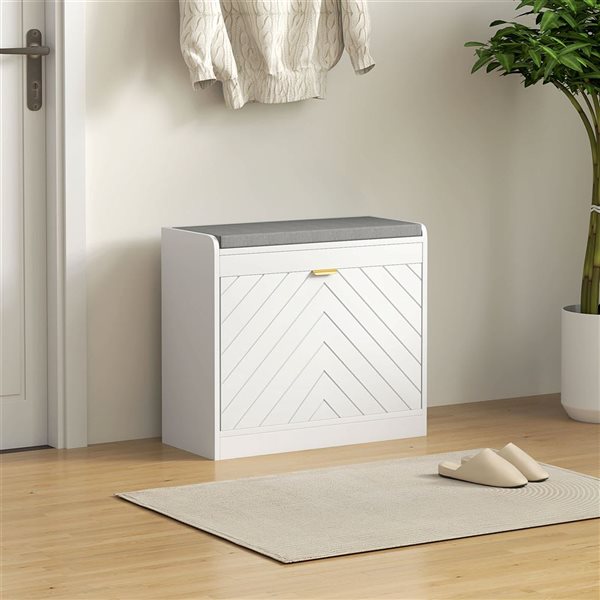 HOMCOM 5-Pair White 2-Tier Shoe Bench Organizer w/ Flip Drawer and Cushion