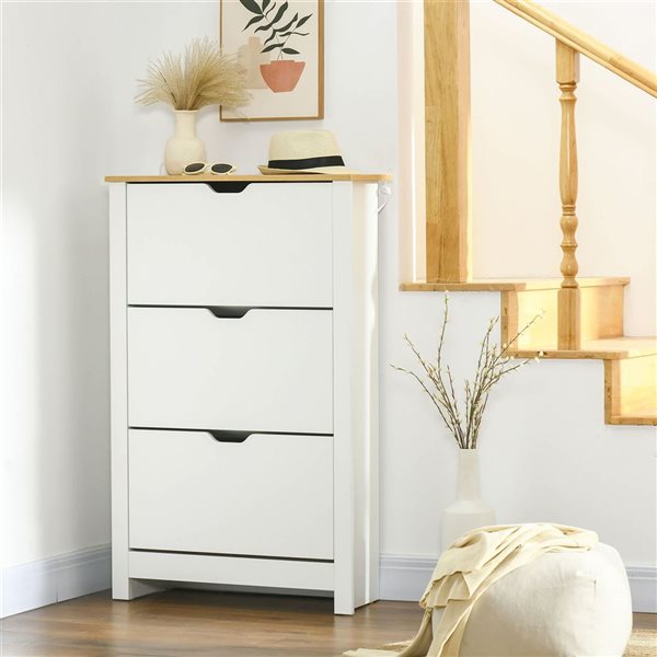 HOMCOM 18-Pair White and Natural 6-Tier Narrow Shoe Cabinet w/ 3 Flip Drawers and Adjustable Shelf