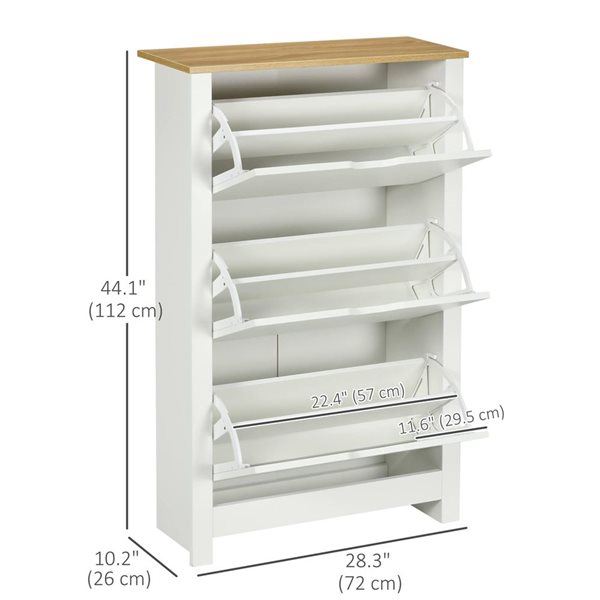 HOMCOM 18-Pair White and Natural 6-Tier Narrow Shoe Cabinet w/ 3 Flip Drawers and Adjustable Shelf