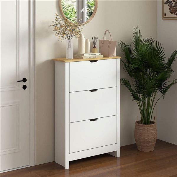 HOMCOM 18-Pair White and Natural 6-Tier Narrow Shoe Cabinet w/ 3 Flip Drawers and Adjustable Shelf