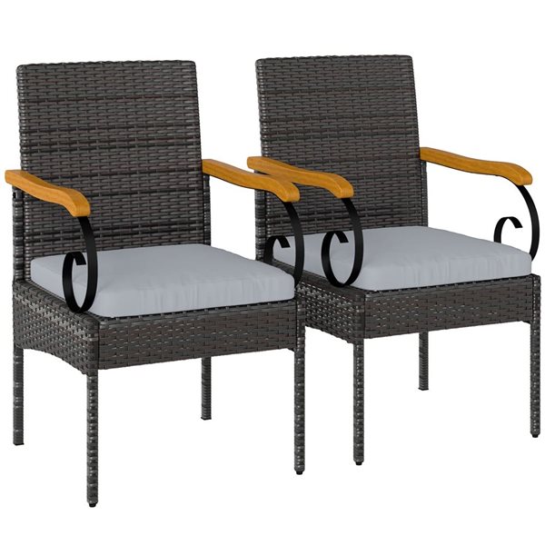 Outsunny Set of 2 Light Grey Wicker Patio Chairs with Cushion