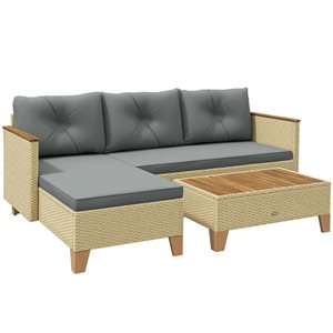 Ensemble de mobilier de patio Outsunny 3 pièces en osier gris clair avec coussins