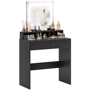Coiffeuse à 2 tiroirs par HOMCOM 29,5 po l. en bois d'ingénierie noir avec miroir éclairé par DEL